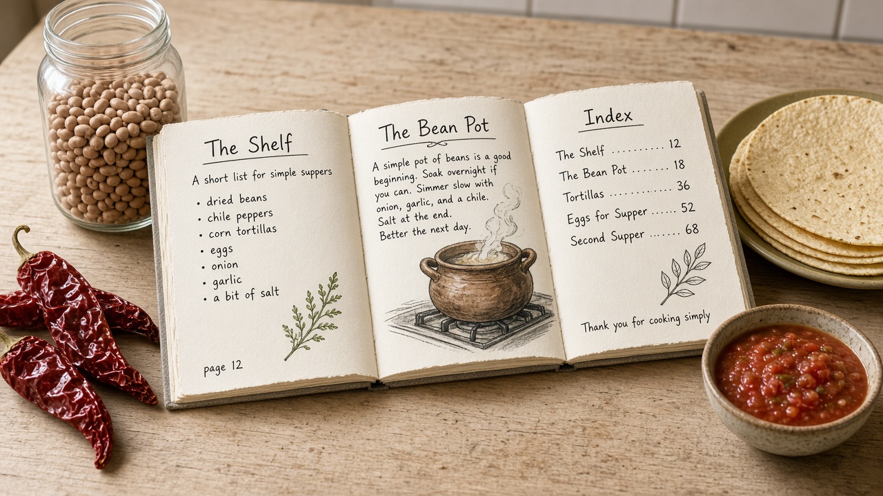 Draft cookbook pages showing a recipe list, illustrated recipe, and index with jars and ingredients around them