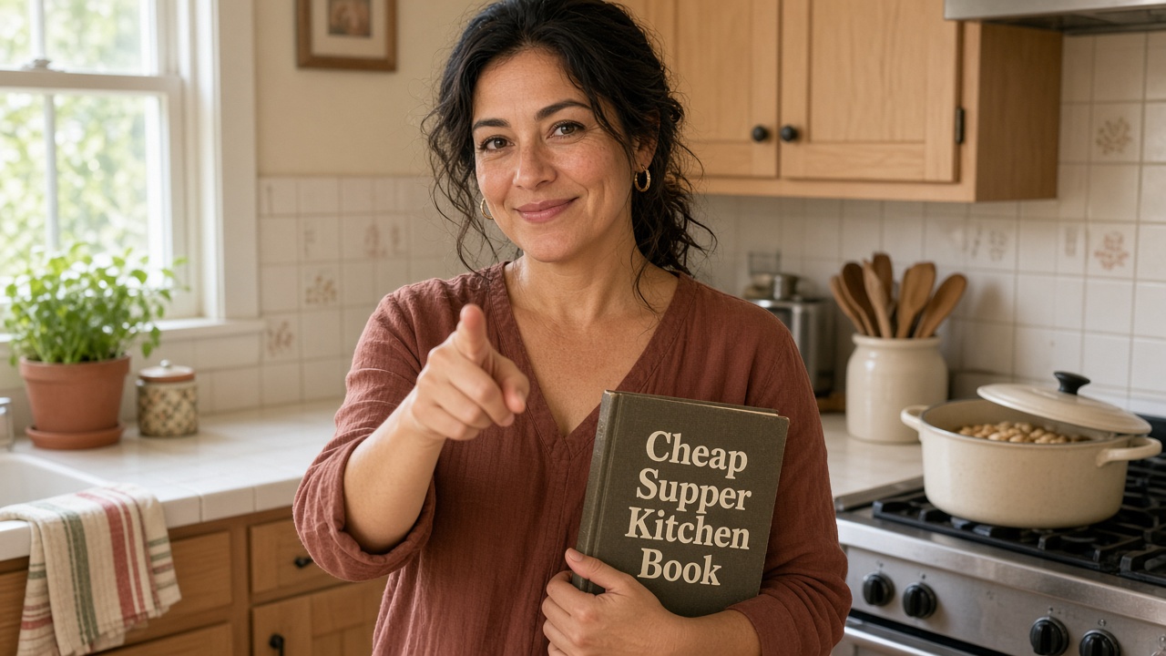 Rosa pointing toward the camera and holding the book in her bright kitchen